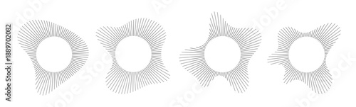 Circular sound visualization with radial wave line pattern vector set. Abstract audio spectrum ring geometric burst shape. Music equalizer graphics with concentric line elements for modern design.
