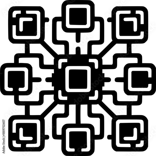 Centralized System: The graphic illustrates the core of a technological network, with interconnecting nodes forming a complex system. It signifies connection and information flow