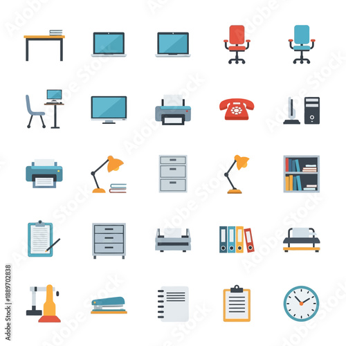 Office workspace essentials and furniture icons for business and productivity