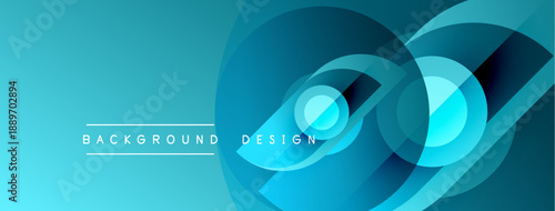 Abstract blue layers create dynamic background. Modern design features overlapping circles, gradients, smooth transitions. Minimalist aesthetic.