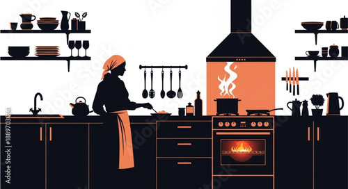Woman Cooking in a Modern Kitchen Silhouette.