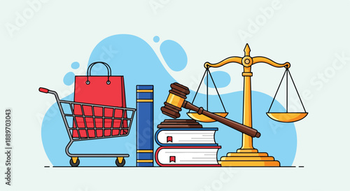 Graphic illustration of a shopping cart, books, gavel, and balance scale on a blue background, representing consumer rights and legal concepts on March 15.