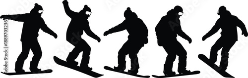 Black silhouette of a professional snowboarder performing various jumps and freestyle tricks in a sequence on a white background for winter sports graphic design elements.