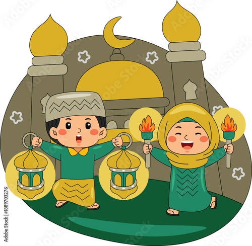Children with Lanterns and Torchat Mosque