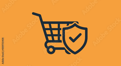 Graphic illustration of a shopping cart with a shield and checkmark on an orange background, symbolizing secure consumer rights on World Consumer Rights Day, march 15.