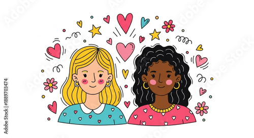 Two young women friends diverse skin tones surrounded by hearts and flowers.