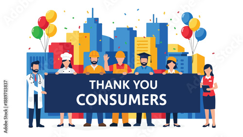 Illustration of diverse people holding a 'Thank You Consumers' sign in front of a colorful city skyline with balloons on World Consumer Rights Day.
