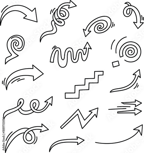 Collection of hand drawn arrows and swirling line icons