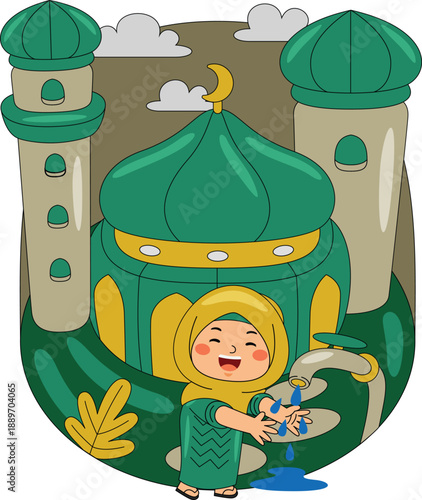 Girl Ablution at Mosque Vector Illustration