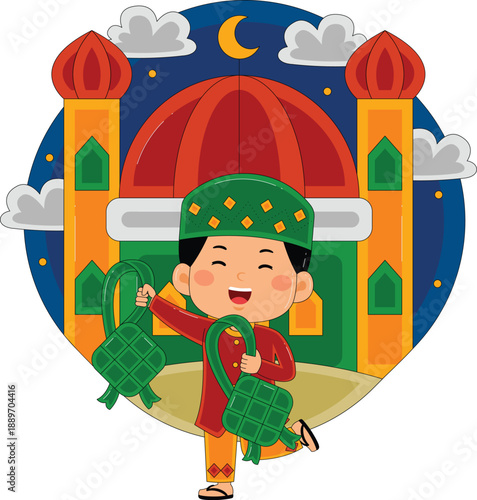 Boy Holding Ketupat Vector Illustration