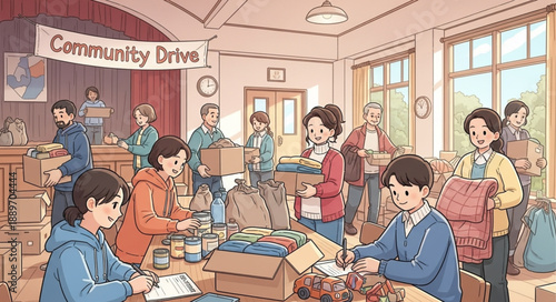 Volunteers working together at a community drive event.