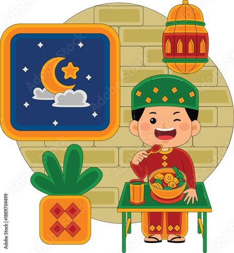 Boy Eating Sahur Food at Night Vector Illustration