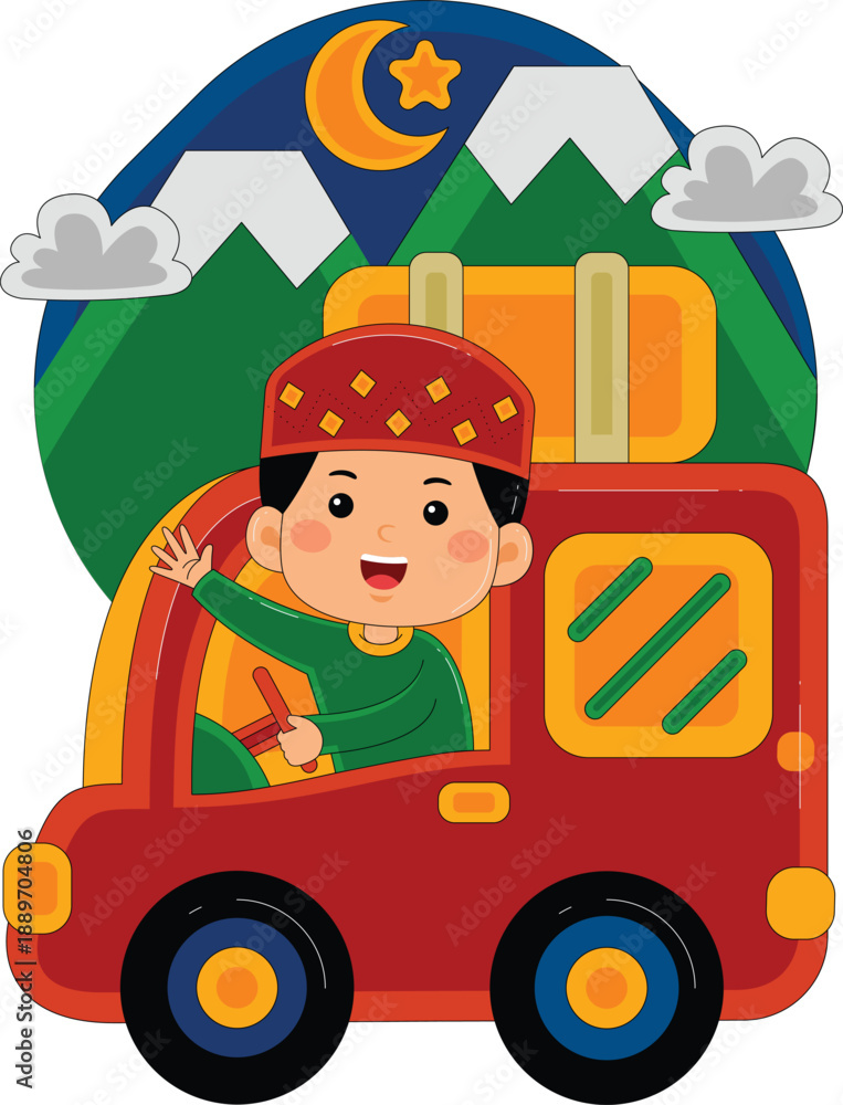Fototapeta premium Boy Go Home by Car Vector Illustration