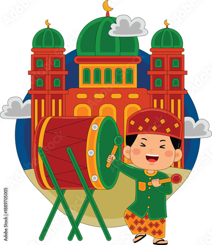 Boy Playing Drum Vector Illustration