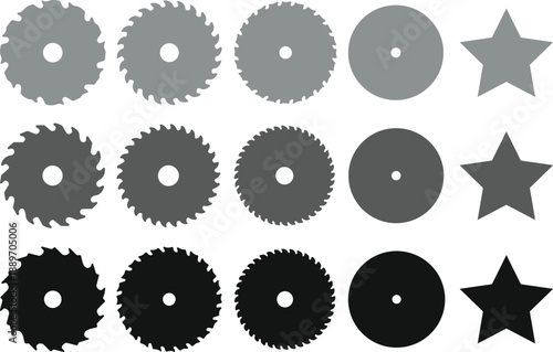 Collection of circular saw blade silhouettes in different gray scales and tooth designs including star shapes for carpentry, woodworking, industrial workshop, and construction graphics