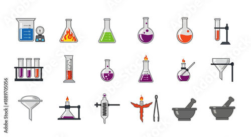 Collection of chemistry and laboratory equipment icons, isolated white background
