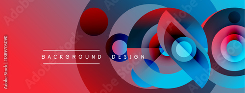 Abstract geometric shapes overlap. Red, blue gradients create dynamic visual effect. Text reads background design. Modern style.