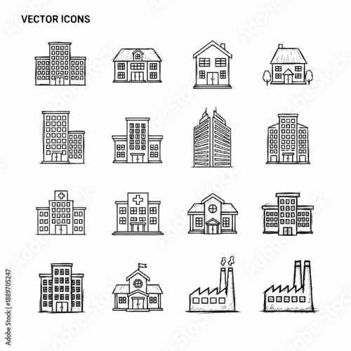 Hand Drawn Sketch Style Vector Icons of Various Urban Buildings and City Architecture
