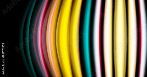 Abstract colorful lines create dynamic visual effect. Bright hues contrast against dark background, suggesting movement, energy.