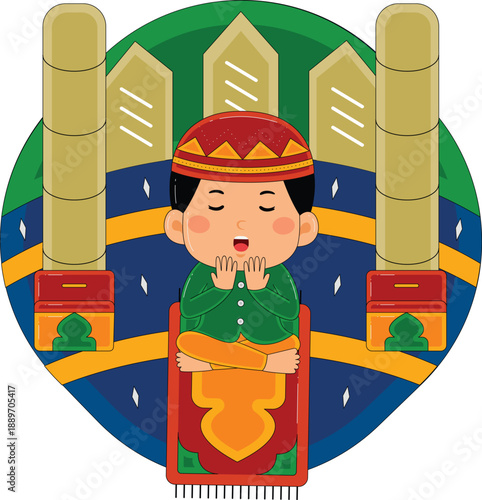 Boy Praying on Prayer Mat Vector Illustration