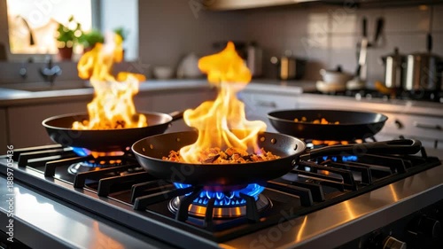 Three pans with food cooking over open flames on a gas stove in a kitchen