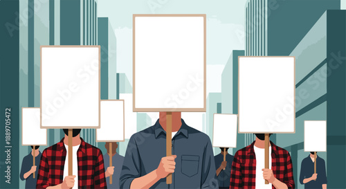 Illustration of a crowd of people holding blank protest signs in a cityscape on World Consumer Rights Day.