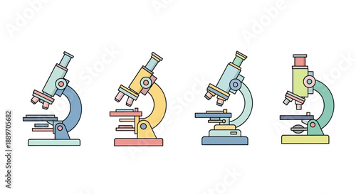 Row of Colorful Laboratory Microscopes on Isolated White Background
