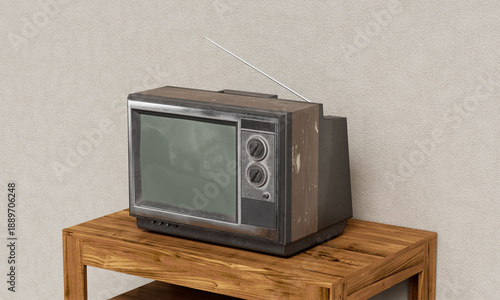 나무 테이블 위에 안테나가 있는 빈티지 CRT 텔레비전 Vintage CRT Television with Antenna on Wooden Table
