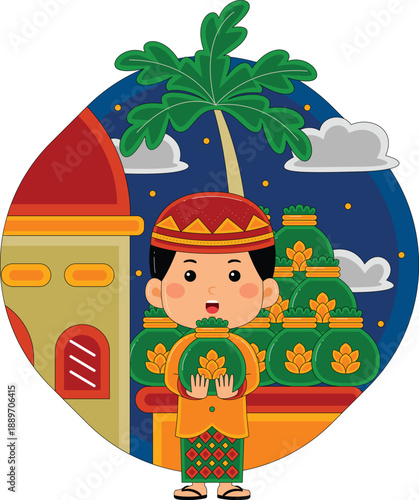 Moslem Boy Holding Charity Bags Vector Illustration