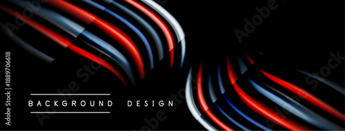 Abstract flowing lines, red, white, blue gradients. Modern design element over black background. Minimalist aesthetic.