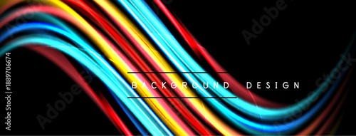 Vibrant colorful lines flow across black background. Dynamic waves create modern abstract design. Smooth gradients add visual interest.