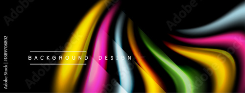 Abstract colorful waves flow across black background. Modern design elements create dynamic visual impact. Smooth gradients enhance aesthetic appeal.