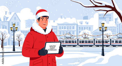 Man in Winter Clothing Holding Tablet in Snowy Cityscape