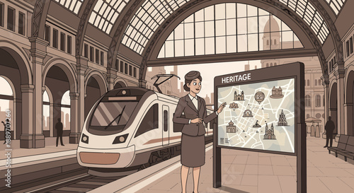 Woman checking train schedule at a modern train station