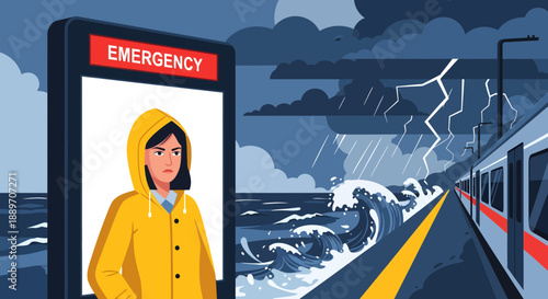 Woman in situation on a train platform during storm