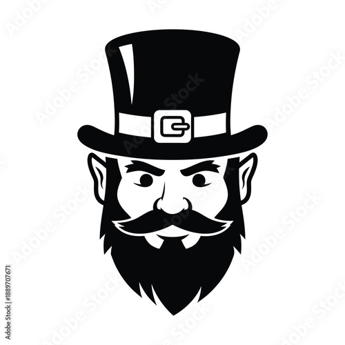 Black and white illustration of a leprechauns face wearing a top hat