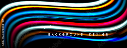Abstract colorful waves over black background. Bright lines create dynamic visual effect. Modern design element for projects.