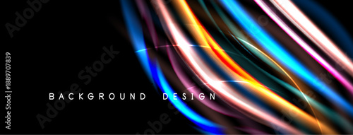 Abstract colorful lines create dynamic background. Bright streaks suggest movement, energy, modern design elements. Black space dominates composition.