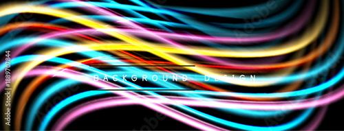 Bright colorful wavy lines over black background. Modern abstract design, dynamic flow, vibrant energy.