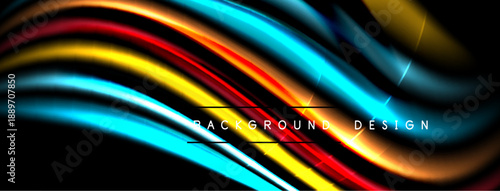 Abstract flowing ribbons, vibrant colors, dark background. Dynamic waves create modern visual effect. Smooth gradients, elegant design.