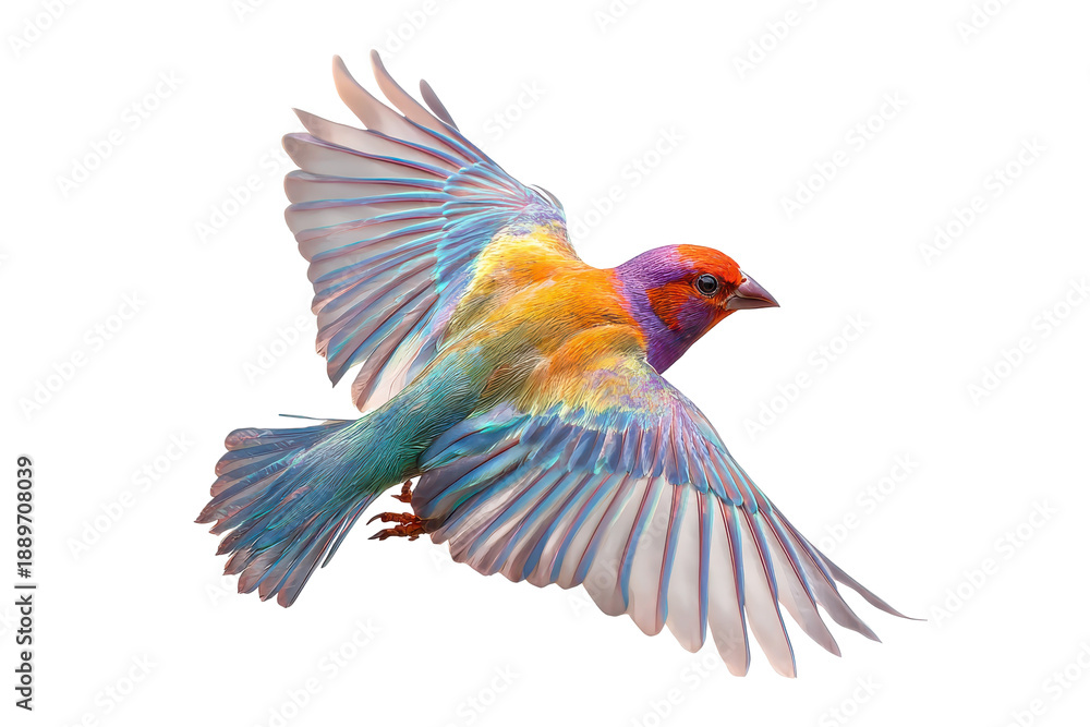 Fototapeta premium Colorful bird in flight isolated on transparent background. Colorful finch in flight, vibrant plumage, avian beauty isolated on white background.