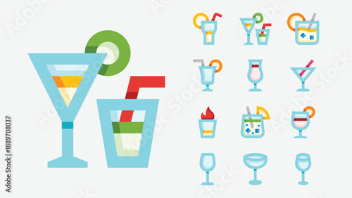 Bar glassware and drink serving icons set