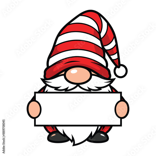 Cartoon christmas gnome holding a sign with a red and white striped hat