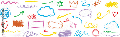 Hand drawn crayon and marker doodle element set with arrows, hearts, crowns, stars, underline strokes, chalk texture lines and colorful kid style sketch shapes for playful design accents stock illustr