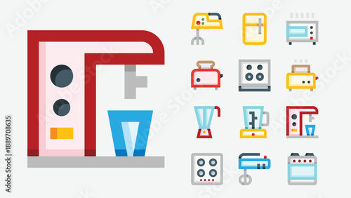 Cooking appliances and kitchen equipment icons set