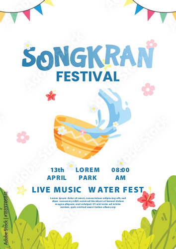 Songkran Thailand Water Festival Celebration Flat Vector Poster Illustration
