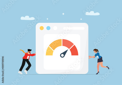 Business People Pushing Performance Gauge Interface Symbolizing Teamwork, Productivity, and Efficiency in a Modern Corporate Environment Focused on Measurement and Improvement