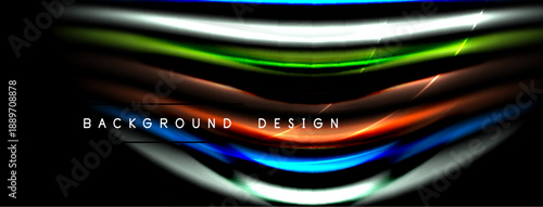 Abstract design features vibrant glowing lines over black background. Waves create dynamic visual effect. Text reads background design.