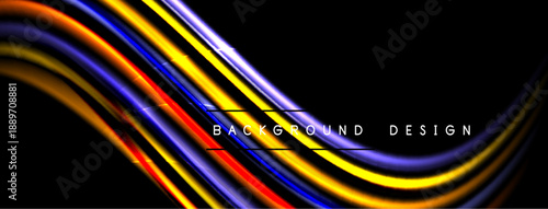 Dynamic lines create vibrant abstract background. Colors blend, forming flowing shapes against dark space. Modern design element.