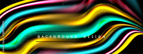 Abstract colorful waves flow across black background. Dynamic design features vibrant hues, smooth gradients. Modern aesthetic.